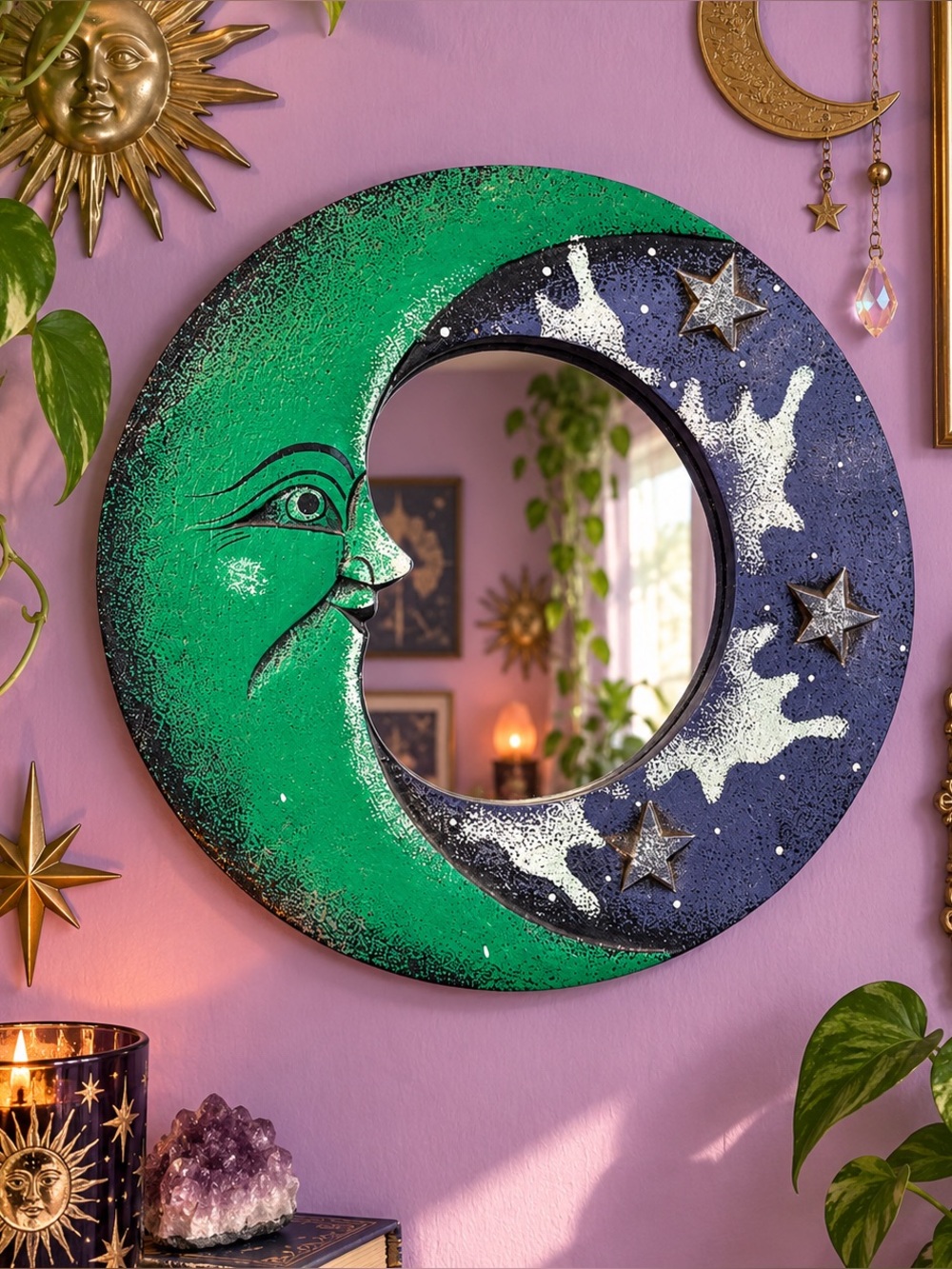 Vintage Whimsigoth Celestial Sun Moon Stars Mirror Painted Wood Wall India 7”